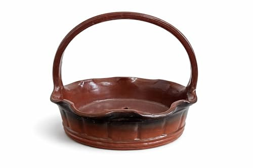Kerazo Keramik Korb 32x30x25 cm Präsentkorb 4,5 Liter Geschenkkorb Pflanzkorb mit Drainageloch, Garten Dekoration, Handarbeit, Frostfest, Farbe: rot-braun