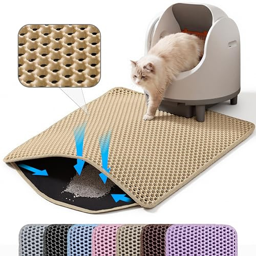 Petinstinct Tapis pour Litière de Chat Extra Large, 75x55cm Double Couche en Nid d’Abeille pour Piéger la Litière, Tapis de Bac à Litière pour Chat Antidérapant Imperméable et Anti-Urine, XL, Beige