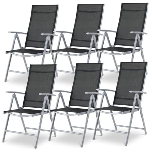LIFERUN Gartenstühle 6er Set, Gartenstuhl Hochlehner Klappbar, Balkonstuhl | Campingstuhl 7-Fach Verstellbar bis 120kg, Leicht Alu Klappsessel, Gartensessel Outdoor, Komfortabel Wetterfest, Silber Grau
