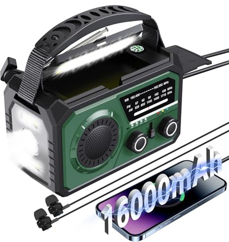 16000mAh Emergency Weather Radio, AM/FM/NOAA Weather Alert Radio Hand Crank/Solar/Type-C Fast Rechargeable Outdoor Radio with Reading Lamp/SOS Alarm/3 Mode Flashlight/Power Bank(Green)