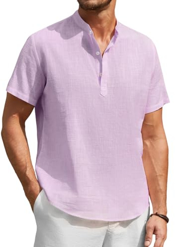 Enlision Mens Linen Shirts Short Sleeve Lilac Grandad Shirt Mandarin Collar T-Shirts Casual Summer Henley Beach Collarless Tops Solid Color L