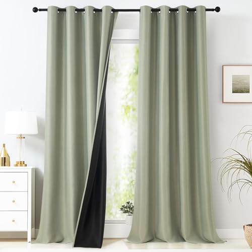 MRTREES Lichtundurchlässige Vorhänge Salbeigrün 2er Set, 250 cm Lang, 140 cm Breit, Verdunkelungsvorhang Ösen Gardinen Verdunkelung Doppellagige und Schwere Vorhänge gegen Kälte Thermogardine