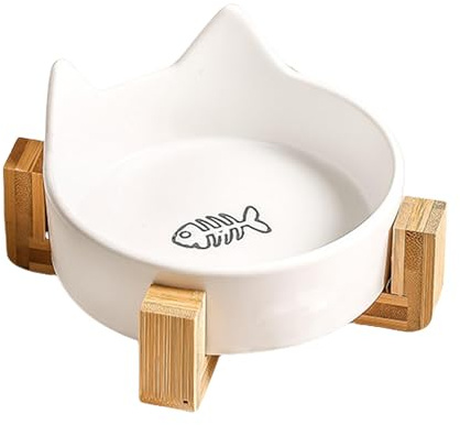 Gamelles en céramique pour chats - Assiette à eau pour nourriture pour chats avec support | Assiettes antidérapantes avec cadre en bois pour chats et oreilles de chat pour nourriture et eau | Coupelle