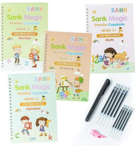 MaajeeKuto Magische Übungshefte mit Spurrillen - DIN-A4-4 Schreib-Lernhefte plus Stift, 10 Nachfüllpatronen, Haltehilfe - Schreiben, Malen & Rechnen lernen