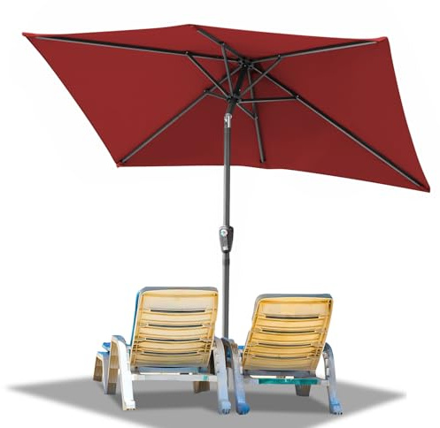 Ollewiellan Ombrellone 210 x 140 cm, rosso con manovella, ombrellone rettangolare da giardino, terrazzo, protezione solare UV50+, pieghevole, impermeabile, per giardino, terrazza, senza supporto