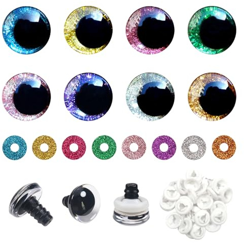 TOAOB 32 Stück Sicherheitsaugen für Häkeltiere 16 mm Glitzer Bunt | 8 Farben Kunststoff Augen, Sicherheitsaugen mit Unterlegscheiben für DIY Basteln, Marionette Puppenherstellung Tieraugen