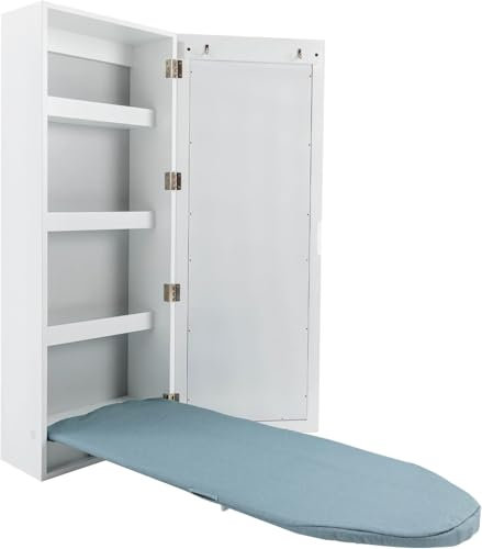 Armoire à Repasser Murale, Table à Repasser Pliable et Suspendue avec Miroir, Centre de Repassage Mural Rabattable pour Petits espaces avec Table à Repasser intégrée Rabattable et Rabattable - Blanc