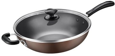 Padella antiaderente in lega di alluminio da 34 cm con coperchio, fondo piatto, manico resistente al calore, compatibile con fornelli a induzione, distribuzione uniforme del calore (colore unico, 34