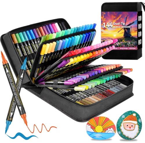 Laconile 144 Acrylstifte Set – Wasserfest, Doppelspitze (feine Spitze/Pinsel, 1-5mm), Multimarker für Steine, Holz, Glas, Keramik in Stofftasche – Acrylic Paint Marker für Künstler & DIY
