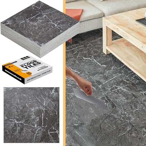 Black Self Adhesive Vinyl Floor Tiles Pack of 10 Pieces Covers 19.91 ft² (1.85 m²) Large Rectangular Peel and Stick Floor Tiles Size 12”x24” (30.48x60.96cm) Waterproof Marble Effect Vinyl Flooring