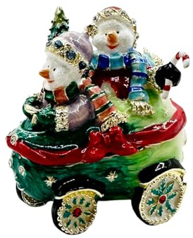 FJ FENGZHIJIE Christmas Snowman Couple Car Trinket Box Enameled Festive Figurine, Hinged Jewelry Storage, Holiday Home Decor Gift
