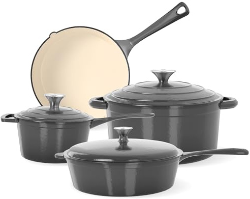 Kitchen Academy Enamel Cast Iron Cookware Sets - 7 Pieces Induction Hob Pans Set & Dutch Oven Sets, Non Stick Pots and Pans Set, PFOA&PFOS-Free