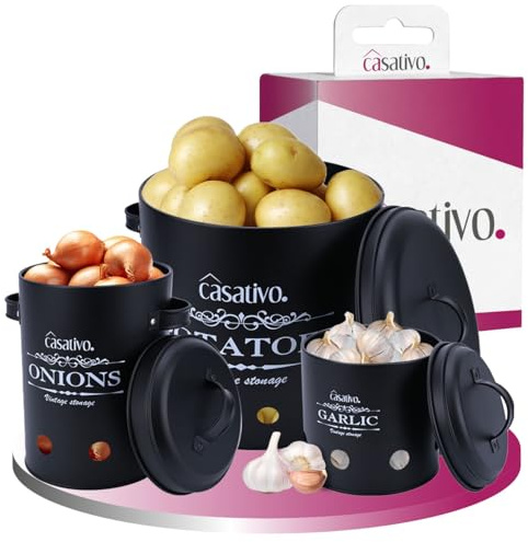 Casativo Stilvolle Vorratsbehälter, 3 Stück, Kartoffeln, Zwiebeln, Knoblauch, schwarz, praktische Aufbewahrungsbehälter mit Deckel und Luftlöchern