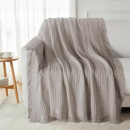 Exclusivo Mezcla Manta Tejida de Punto Verano, Fresca y Suave, 130 × 150 cm | Ligera, Transpirable, Agradable para el Piel, con Flecos, Manta Cama de Aire Acondicionado, Lavable a Máquina, Beige