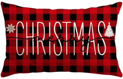 JOTOM 1 Stück Weihnachten Kissenbezug, Merry Christmas Zierkissenbezug Dekorative Winter Kissenbezüge Dekokissen Moderne Kissenhüllen für Couch Sofa Wohnzimmer Garten (30x50cm, Rot Schwarz Plaid)