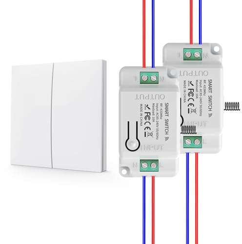 KADMOS Funk-Lichtschalter Set,selbstversorgt Funk Lichtschalter,Drahtloser Schalter- keine Batterie erforderlich,automatischer Rebound-Schalter,keine Verkabelung erforderlich (2key 2receiver-White)