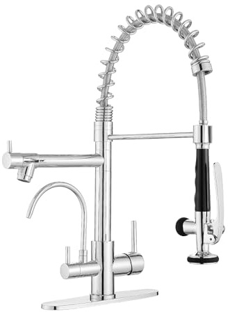 Fapully 3 in 1 Kitchen Faucet with Water Filler and Pull Down Sprayer, Chrome Commercial Kitchen Sink Faucet with Drinking Water Faucet for 1 or 3 Holes Sink