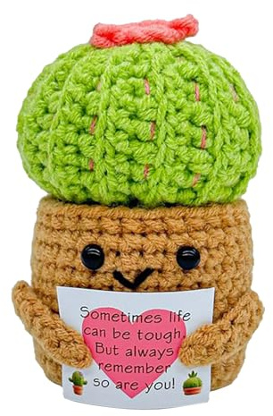 Decoración de cactus de ganchillo, muñeco de cactus, decoración de escritorio con tarjeta para maestras, hermanas, madres, novias, cumpleaños