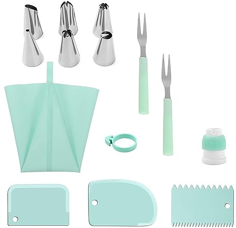JasCherry Juego de boquillas de tubería, dispensadores de glaseado, kit de 14 piezas para hornear que incluye 10 puntas de tubería, 3 raspadores, 2 tenedores, anillos de silicona, bolsa de tuberías
