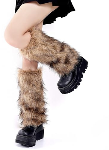 Muorruo Fluffy Leg Warmers, Long Furry Leg Warmers, Warm Fur Boot Covers for Women and Girls for 80s Parties, Festivals, Cosplay and Everyday Winter Wear (Brown)