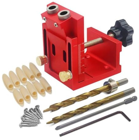 Opatiny Set di maschere per fori tascabili regolabili con punte da trapano da 9 mm, in lega di alluminio, modello di foratura obliquo per la lavorazione del legno e la realizzazione di mobili, rosso