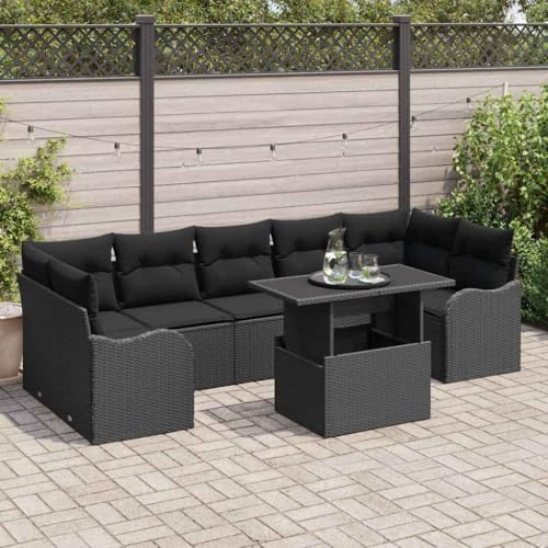 Frdhee Divano lounge, zona soggiorno, set di divani da giardino con cuscino, 8 pezzi, nero, polyrattan, per case vacanza, sale pubbliche, ambiente piscina