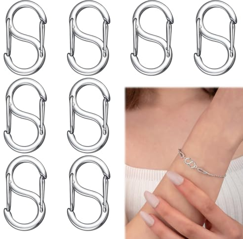 BaZuyunMd 8 Stücke Mini S Karabiner aus Edelstahl, Mini Karabinerhaken mit Doppelöffnung, kleine Karabiner(Silber)