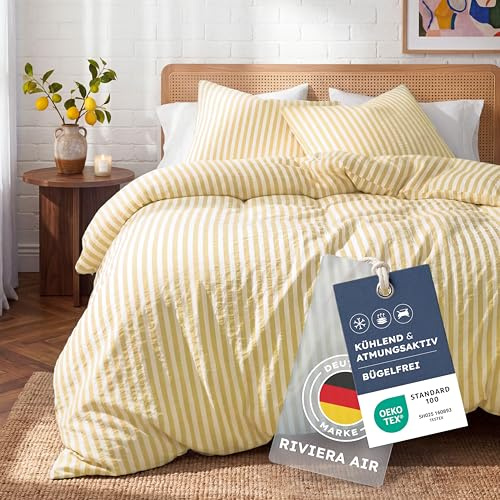 Blumtal Premium Seersucker Bettwäsche 200x200 cm + 2X 80x80cm - Oeko-TEX zert. Bettwäsche Baumwolle 200x200 cm luftig Leichter Viskose-Baumwoll-Mix 50/50 - Sommerbettwäsche sanft & kühlend