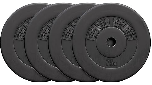 GORILLA SPORTS® viktskivor - singel/set, 1,25 kg, 2,5 kg, 5 kg, 7,5 kg, 10 kg, 15 kg, 27,5 kg, 30 kg vikter, 30 mm hål, gjorda av plast - viktskivor, viktskivor set, hantlar