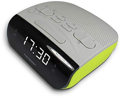Metronic 477035 - Radio Despertador Digital con Reloj LED Blanco para sobremesa con función Doble Alarma, Sleep/Snooze y sintonizador Radio Am/FM con Memoria para 20 emisoras