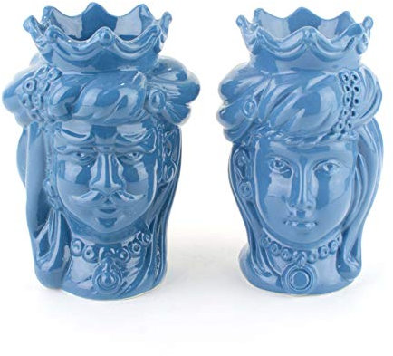 CEAR ceramiche - Teste di Moro H cm 14 Blu di Caltagirone, Coppia Teste di Moro Fatte a Mano
