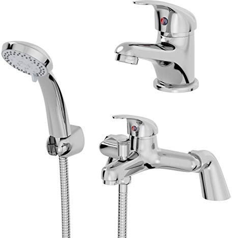Architeckt Modern Bathroom Curved Basin Sink Mono Mixer Tap and Bath Shower Mixer Tap Set with Shower Handset and Hose Attachment Chrome