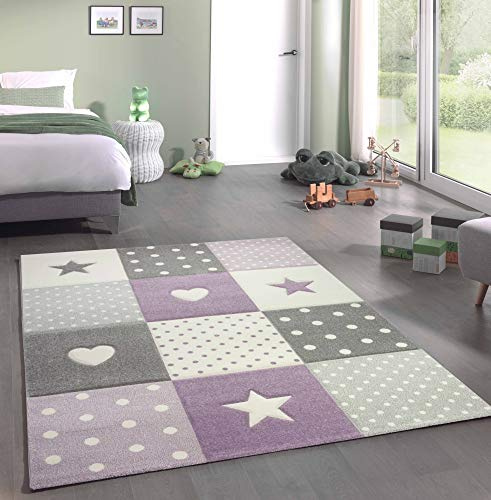 Teppich-Traum Kinderteppich Herz Sterne Punkte Lila Grau Creme 160x230 cm | Weich, pflegeleicht, farbecht, langlebig, allergikerfreundlich, schadstofffrei und für Fußbodenheizung geeignet