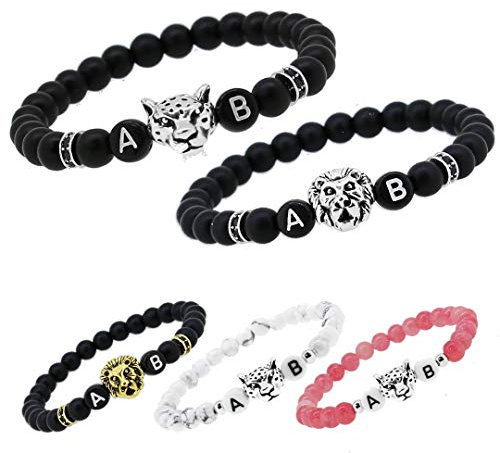 2x Personalisierte Pärchen Namensarmbänder | Partnerarmband couple Edelsteine Onyx, Howlite Cherry quartz 6mm | Perlenarmband | individueller Buchstaben Armband A-Z Freundschaftsarmband WBLVAR7