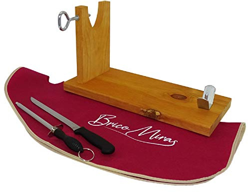 BRICOMIRAS JAMONERO Modelo BANQUETA Color Miel, Regalo Cuchillo + CHAIRA + CUBREJAMÓN, Soporte JAMONERA Ideal para Uso DOMÉSTICO (Cubrejamón Burdeos)