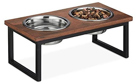 Relaxdays Koppstativ, rostfritt stål skålar fyllningskvantitet 1 000 ml, hundmatningsstation av mangoträ, HBT 16,5 x 42 x 21 cm, natur