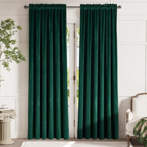 jinchan Velvet Blackout Curtain for Living Room Thermal Insulated Bedroom Curtains 90 Inch Long Soft Luxury Vintage Privacy Curtain Emerald Green Room Darkening Drape Home Decor, Rod Pocket 1 Panel