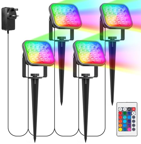 NATPOW RGB Spot Lights, Garden Lights Color Changing with Remote Control, Mains Powered LED Outdoor Landscape Spotlights, IP65 Waterproof Spike Light for Decorations Outdoor Pathway Decking