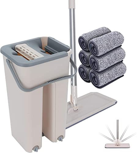 SWISSPACK Floor Mop and Bucket Set − Easy and Simple Squeeze Mop Bucket, Flat Mop with Multi -Pack Replacement Machine Washable Microfibre Mop Pads for All Floors Types (37cms x 31 cms, 6, Pads)