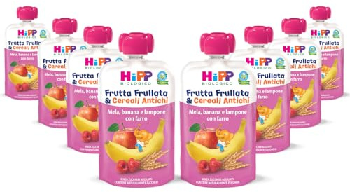 HiPP - Frutta Frullata e Cereali Antichi Bio, Purea per Bambini al Gusto Mela, Banana e Lampone, Arricchita con Farro, Senza Zuccheri Aggiunti, 8 Confezioni da 90 gr