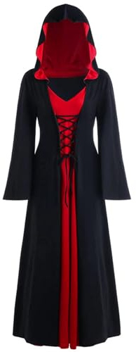 FSUJWOA Disfraces de Halloween para adultos medieval con capucha maxi vestido para mujer moda túnica cosplay(Negro Y Rojo, XXL)