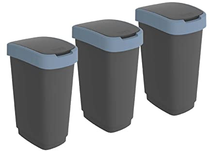 Rotho Twist Mülleimer Küche 3er-Set Mülleimer 50 L mit Deckel Schwarz/Blau | Mülleimer mit Deckel, Schwingdeckel und Klappdeckel, drei einzelne Behälter für Mülltrennung, leicht zu reinigen im Set