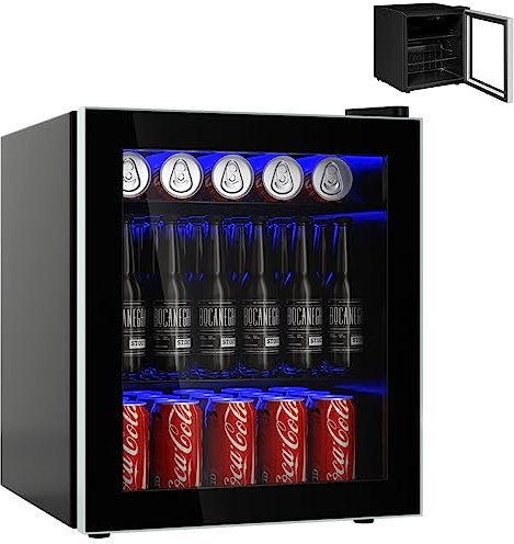 TANGZON Mini Fridge 46L, Quiet Frost Free Wine Drinks Fridge with LED Light, Temperature Control, Glass Door, Adjustable Shelves & Feet, Portable Tabletop Beverage Cooler for Home Bedroom Office