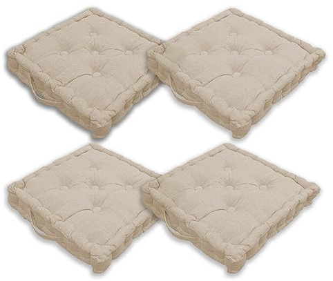 Home Tresor - Cuscini per Sedie 40x40x8cm da Interno Esterno| Set da 2/4 Coprisedia Cuscino Trapuntato Sedia Cucina, Divano, Giardino, da Pavimento con Imbottitura Spessa 8 cm con Maniglie (Beige, 4)