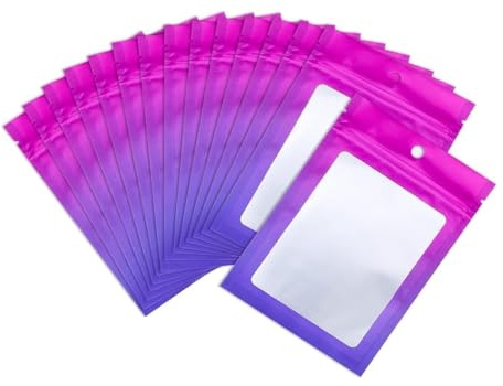 XFXIA 100 sacchetti in Mylar viola, 12 x 18 cm, richiudibili, a prova di odore, con finestra trasparente, sacchetti in alluminio per caramelle, alimenti, lucidalabbra, piatti, carini