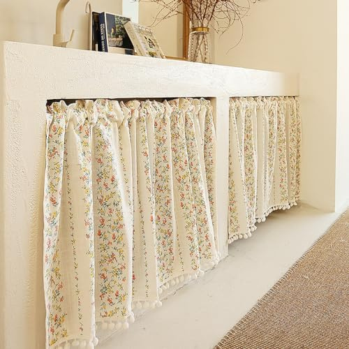 A.Monamour Tenda Corta per Finestra Piccola Rustico Semi Trasparente in Cotone Lino Floreale con Nappe Pom Pom Tendina Tenda da Cucina Bistrot Caffè Mezza Tenda Tenda a Vetro a Pannello Tenda Porta