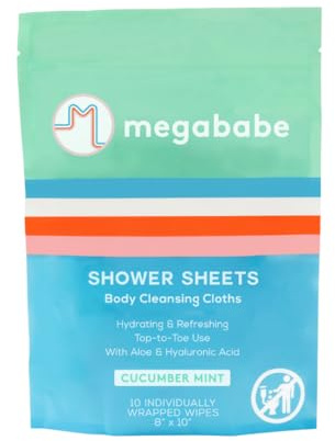 Megababe Cucumber Mint Shower Sheets | Summer and Hot Weather Essential | Individually Wrapped Body Cleansing Cloths | 10 Wipes (Pack of 1)
