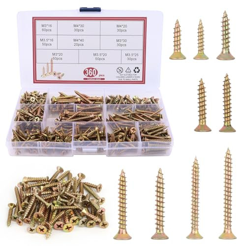 360 pezzi Kit Assortimento Viti Autofilettanti, Viti per Legno Testa Svasata Croce, Kit di Viti per Legno, Viti Cartongesso per Cerniere Delle Porte, Riparazioni, Progetti Dai-da-te