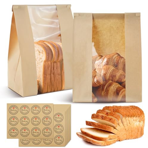 RETON 100 Pcs Kraft Paper Bread Bags, Greaseproof with Window, Tin Tie Tab Lock, Large Sandwich Bags with Thank You Stickers for Food Packaging (13.7''X8.2''X3.5'')
