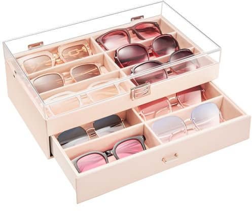 ProCase 2 Etagen Brillenbox 12 Slots Sonnenbrillen Displaybox Aufbewahrungsbox aus Leder Sunglasses Eyeglasses Organizer Brillenschatulle Brillenkoffer mit Glasdeckel -Champagne